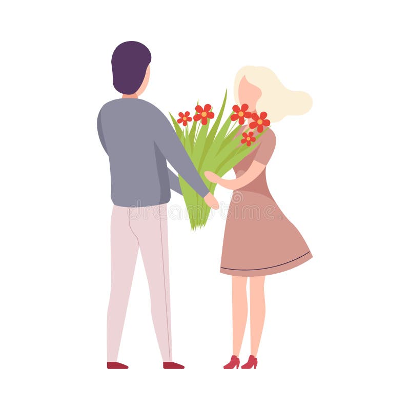 En man som ger blommor till en vacker, blondinsk kvinna romantiskt par i kärlek på semesterhyllan vektor illustrationer