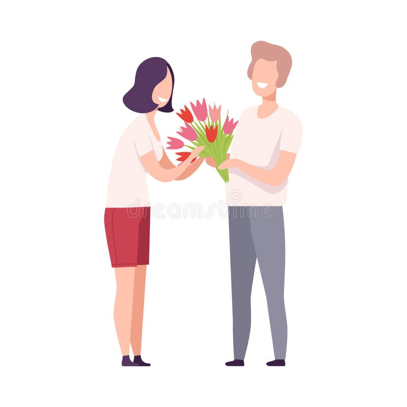 En man som ger blommor till en vacker brunettkvinna romantiskt par i kärlek på semesterhyllan, lägenhet stock illustrationer