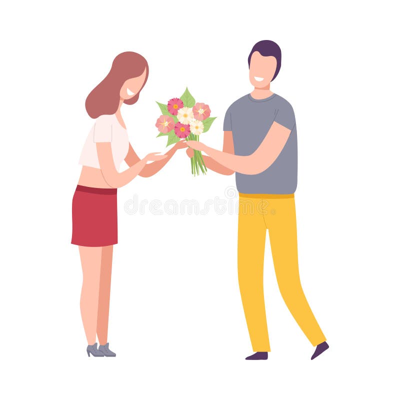 En man som ger blommor till vackra romantiska par av en ung kvinna på semesterhyllningsplan royaltyfri illustrationer