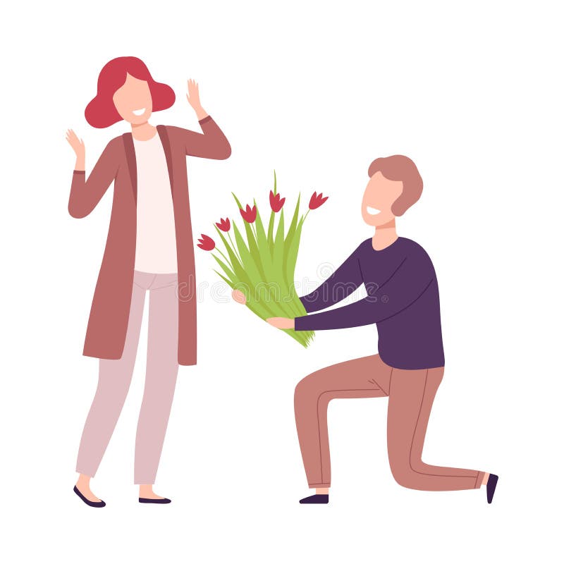 En man som går på knä och ger blommor till ett vackert romantiskt par med kärlek på dejtäktenskapsförslag royaltyfri illustrationer