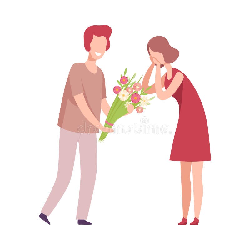 En man som på semester ger blommor till en underlig kvinna, romantiskt par i kärlek... vektor illustrationer