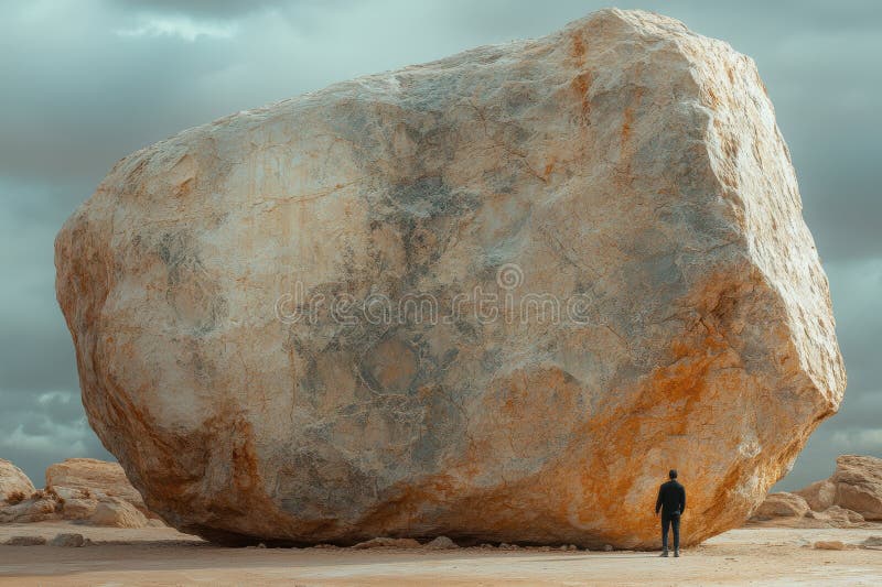 En man som står i närheten av en massiv boulder i ett ökenlandskap vid dusk royaltyfri fotografi