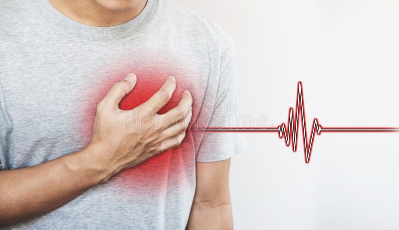 En man som trycker på hans hjärta, med hjärtapulstecknet Hjärtinfarkt och andra hjärtsjukdom