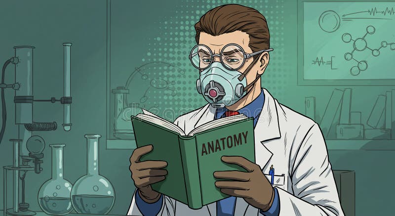 En manlig vetenskapsman i en vit labbrock läser en bok med titeln Anatomy medan han bär en stock illustrationer
