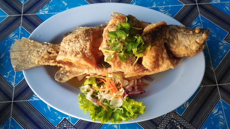 En maträtt av den frasiga thailändska för havsbasen för stil djupt stekte hela fisken tjänade som royaltyfri foto En maträtt av den frasiga thailändska för havsbasen för stil djupt stekte hela fisken tjänade som royaltyfri foto