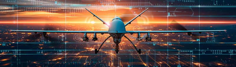 En militärdrönare flyger över ett ljusnande cybernetiskt citysskum under solnedgången stock illustrationer