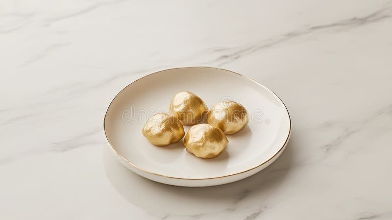 En minsta platta med gyllene provdockor som är formaterade på ett mjukt marmorbord arkivbilder