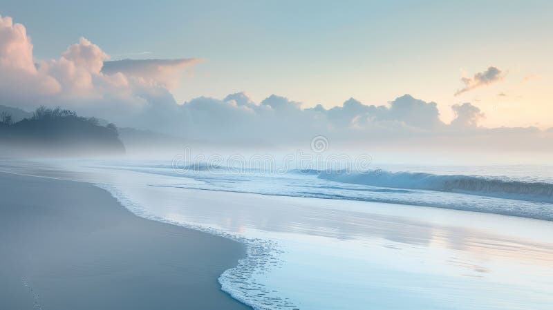 A misty beach at dawn with trees silhouetted against the sky. The horizon blends into the fluid water, creating a serene natural landscape AIG50 AI generated. A misty beach at dawn with trees silhouetted against the sky. The horizon blends into the fluid water, creating a serene natural landscape AIG50 AI generated