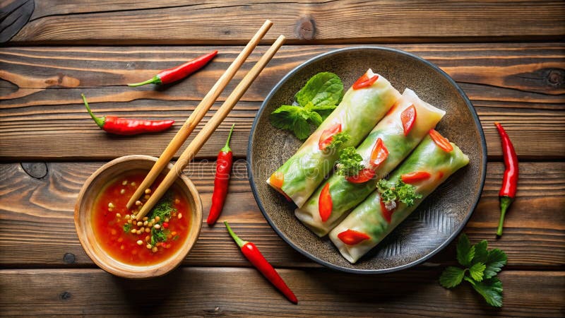 En mjuk kulinariska scen Fresh Spring Rolls Chili Sauce och Chopsticks på Rustic Wood Perfect för en Springtime-period. Upplev vårens pulserande smak med den här översikten över perfekt förberedda vårrullar. De färska grisppappersförpackningarna är noggrant arrangerade och visar de färgfulla fyllningar som spricker med färska grönsaker och örter.. Ett generöst droppe homemade chili-sås med dess rika krydda arom kompletterar de känsliga smakerna i vårrullarna på ett vackert sätt. Den vibrerande