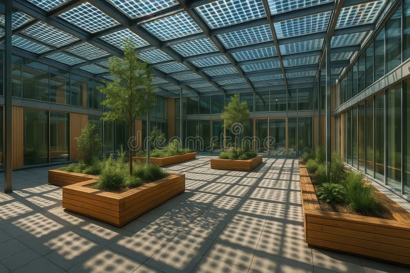 En modern gård med träbänkar och tak för solfångarglas visar en hållbar arkitektur med grön och naturlig royaltyfri foto