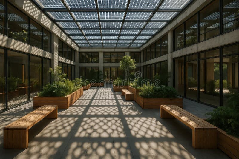 En modern gård med träbänkar och tak för solfångarglas visar en hållbar arkitektur med grön och naturlig royaltyfria foton