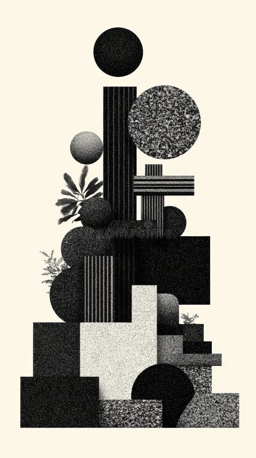 En monokrom teckning som skildrar en futuristisk abstrakt arkitektonisk struktur som ligger ovanför ett surrealistiskt landskap. vektor illustrationer