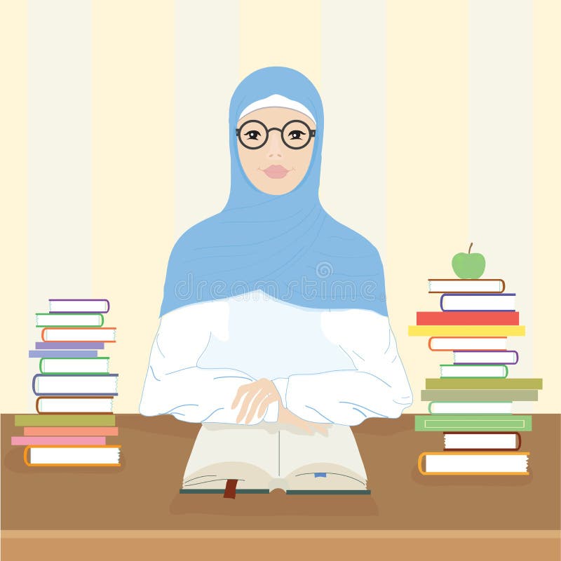 En muslimsk kvinna sitter på en tabell och läser en bok stock illustrationer