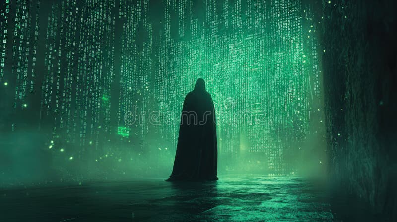 En mystisk figur står i grönt ljus. Digitala regnkaskader nedför att skapa en härlig och fängslande atmosfär. Utforska royaltyfri illustrationer