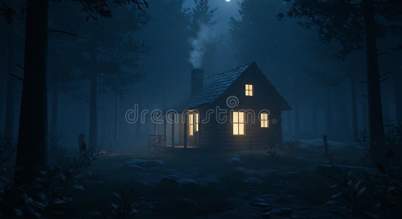 En mystisk logghabin avger en varm glöd i en månbelyst skog. Omgiven av höga trädgårdar stock illustrationer