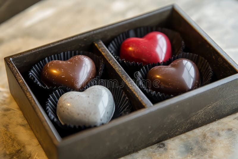 En mörk låda innehåller fyra hjärtformade choklad Mörka ljusgrå mörkfärgat choklad och rött. Romantisk och klarsynt royaltyfri illustrationer