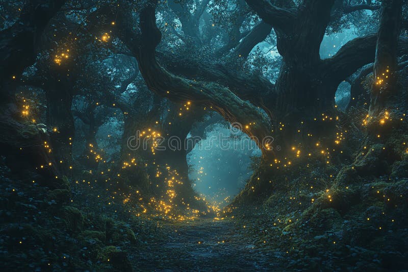 En mörk mystisk skog vid vriden med glödande fireflies som dansar runt gamla mosstäckta träd generativ ai illustration