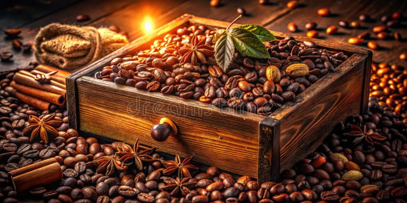 En mörk och hänförande likhetsidig, aromatisk kaffebönskryddor och nötter flödar över en rustik trälåda som lyfts upp av vektor illustrationer