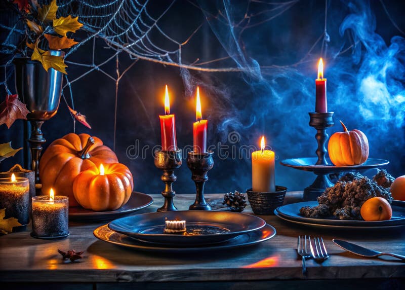 En mörk och snygg halloween-tabell som anger svarta plattor, ljusspiderwebor och en lätt upplyst atmosfär för en päron stock illustrationer