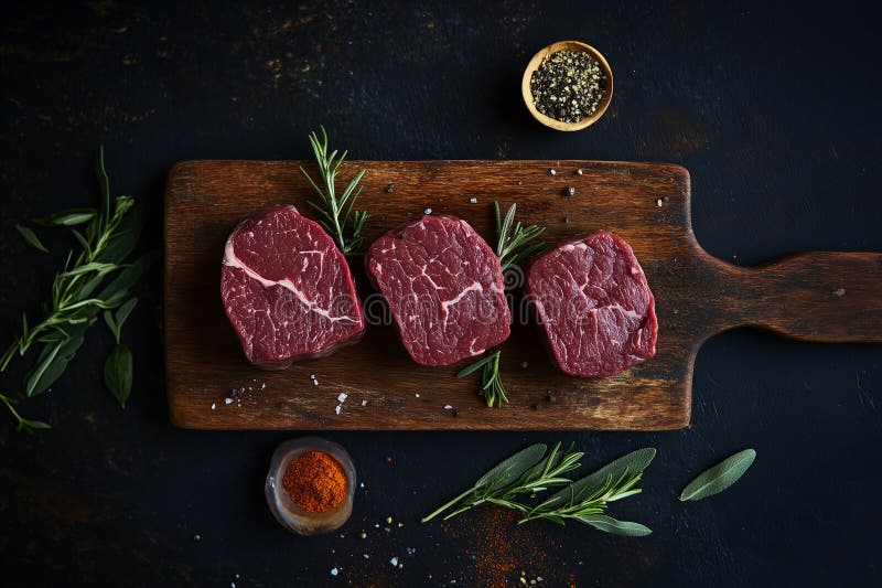 En nedåtriktad vy av obehandlat nötköttssteaks som elegant visas på en generativ bärare av rostfritt trä stock illustrationer