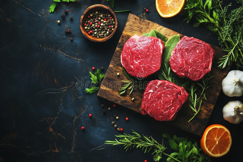 En nedåtriktad vy av obehandlat nötköttssteaks som elegant visas på en generativ bärare av rostfritt trä royaltyfri illustrationer