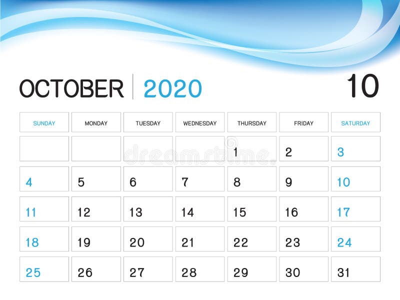 EN OCTUBRE DE 2020 plantilla del año, vector 2020, diseño del calendario del calendario de escritorio, comienzo de la semana el libre illustration EN OCTUBRE DE 2020 plantilla del año, vector 2020, diseño del calendario del calendario de escritorio, comienzo de la semana el libre illustration