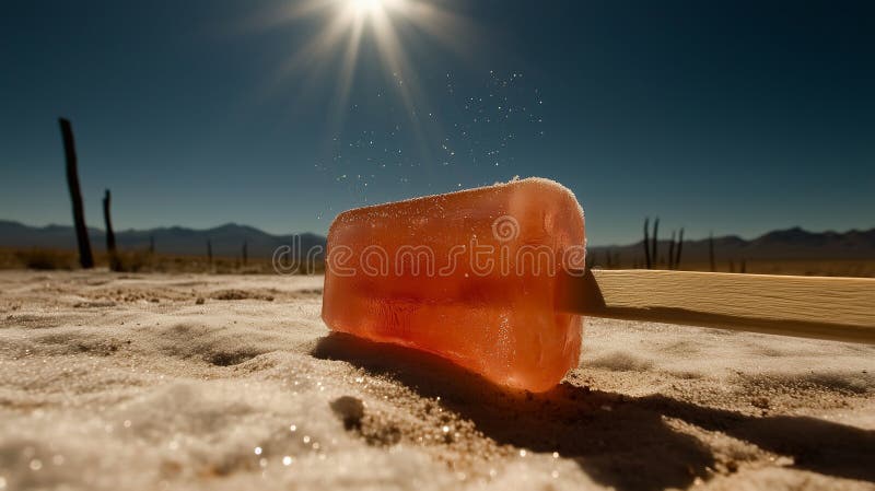 En orange popsikel ligger på en sandig yta under en ljus sol royaltyfri illustrationer