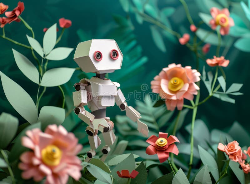 En pappersrobot inuti pulserande papperblommor och pappersblad som visar en blandning av teknik och natur. royaltyfria foton