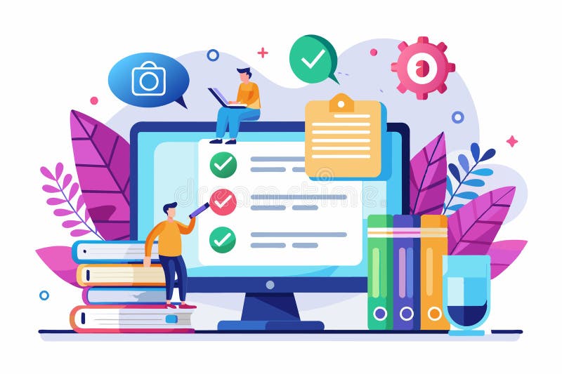 En person granskar anpassningsbara online-testalternativ på en dator med olika utbildningsresurser i närheten av online-test stock illustrationer