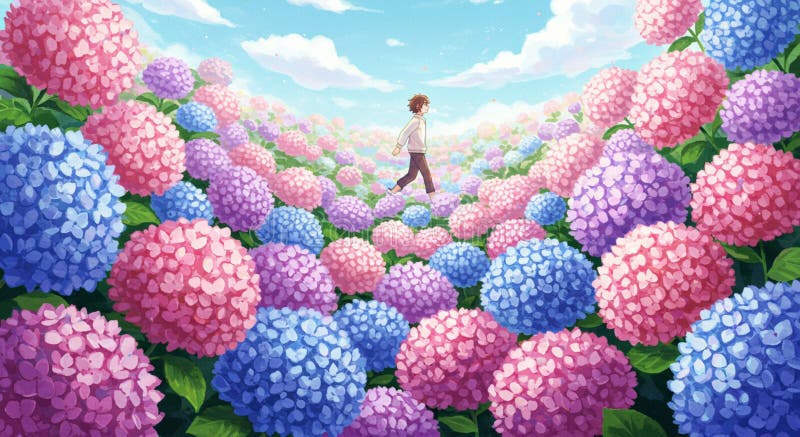En person går genom ett lush-fält av vattenblommor, främst rosa och stock illustrationer