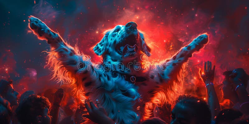 En person klädd som hund står framför en folkmassa arkivfoto