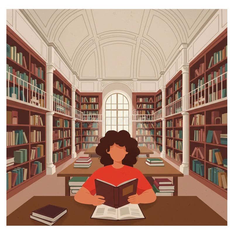 En person med hårstrå läser en bok i ett stort elegant bibliotek. Biblioteksfunktionerna stock illustrationer