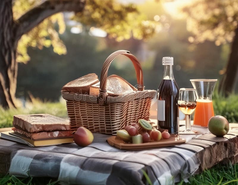 En picknickfilt med en korg med smörgåsar, frukt och drycker vektor illustrationer