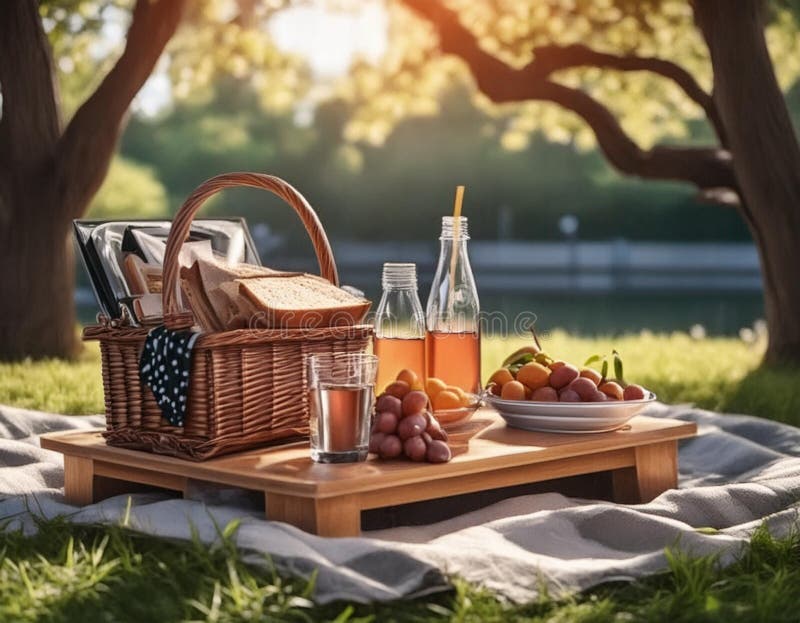 En picknickfilt med en korg med smörgåsar, frukt och drycker royaltyfri illustrationer