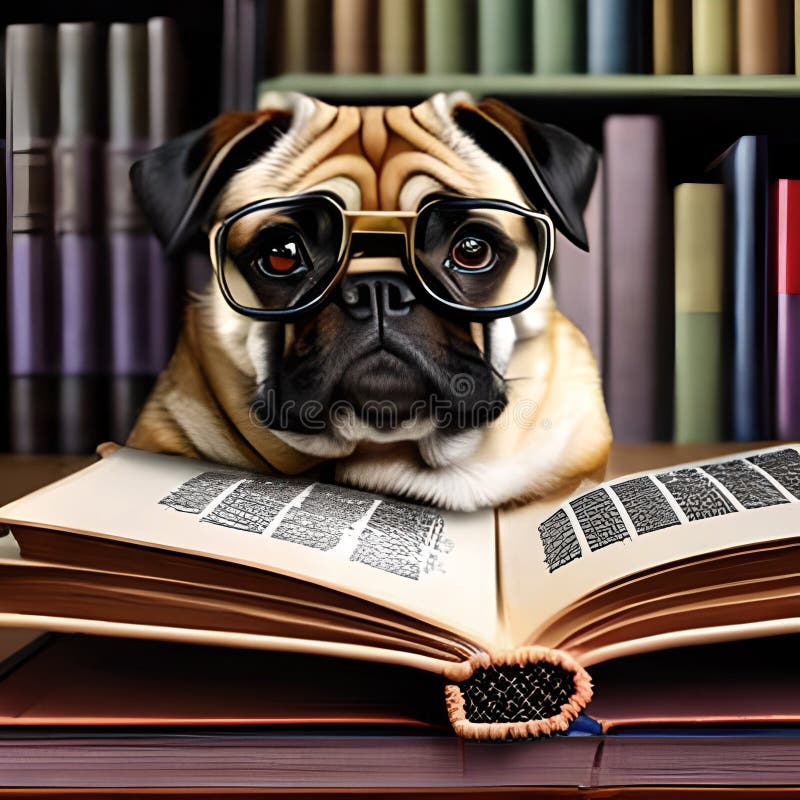 En porträtt av ett glas som bär glas läser en bok i biblioteket. generativ ai stock illustrationer