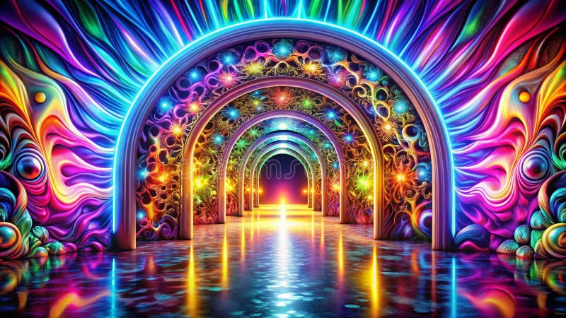 En Psykedelisk Portal till en Annan Dimension som Avslöjar ett Vibrerande Fantasirike av Submedveten Utforskning och Entusiasm stock illustrationer