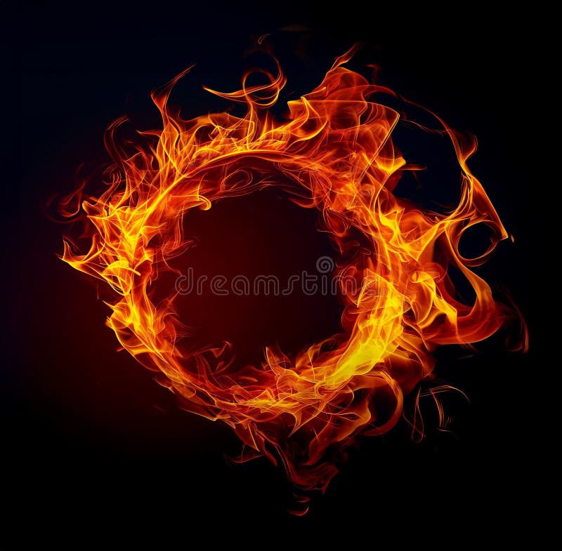 En pulserande brandring med vridande flamma mot en svart bakgrund. en glödande flamcirkel i rött orange gult royaltyfria bilder