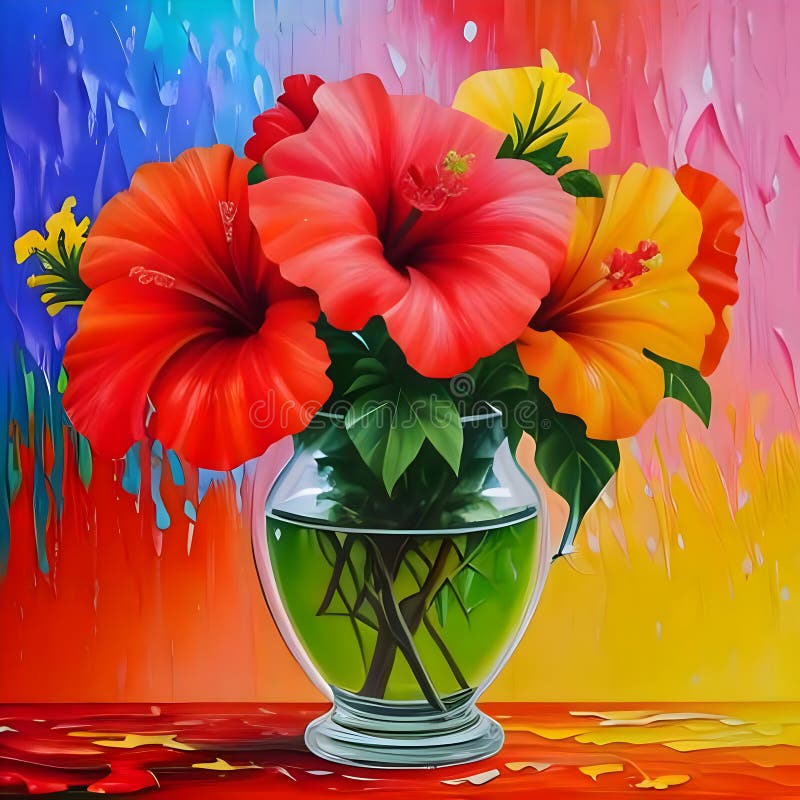 En pulserande bukett av hibiscus blommor i en glasvas mot en färgad bakgrund stock illustrationer