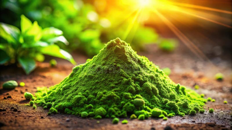 En pulserande grön pulverpil som belyses av solljus vilar på rik jord nära lush-gröna växter. Generativ AI stock illustrationer