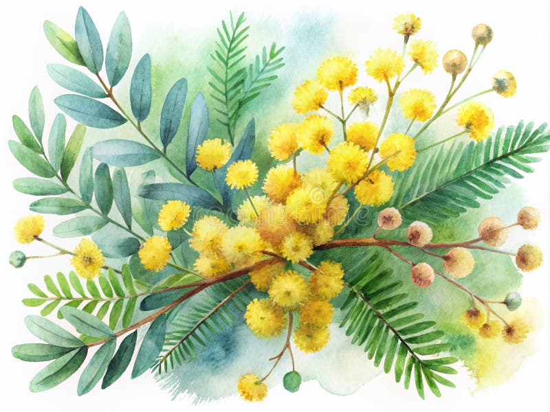 En pulserande vattenfärgsillustration av en blomningsgrenledning av mimosa med botaniska konst av eucalyptus för floral design royaltyfri illustrationer