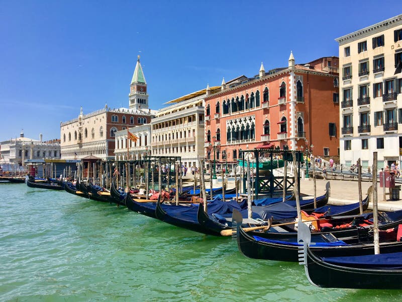 En rad av gondoler som anslutas längs stranden av Venedig med dogeslotten och den Sanka fläckcampanilen i bakgrunden arkivfoton En rad av gondoler som anslutas längs stranden av Venedig med dogeslotten och den Sanka fläckcampanilen i bakgrunden arkivfoton