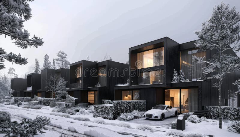 A row of black houses with a white car parked in front of one of them by AI generated image. A row of black houses with a white car parked in front of one of them by AI generated image.