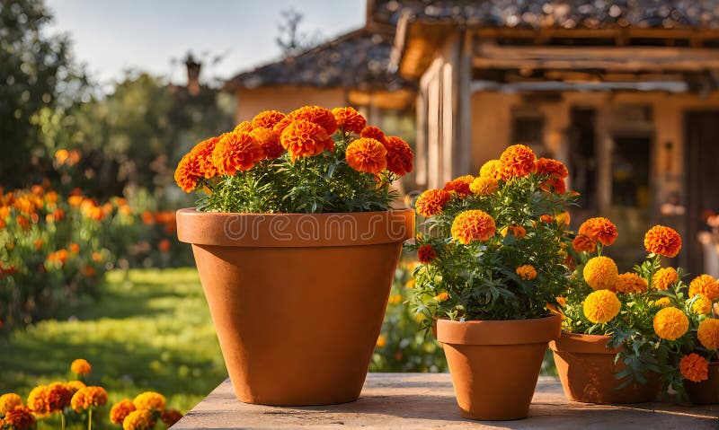 En rad terracotta-blomkrukor som skapar ett urval av färgblommor som fångas med ett ytdjup som inte är lika stort royaltyfri illustrationer