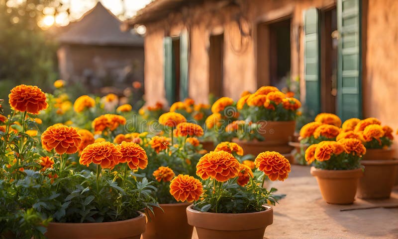 En rad terracotta-blomkrukor som skapar ett urval av färgblommor som fångas med ett ytdjup som inte är lika stort royaltyfri illustrationer