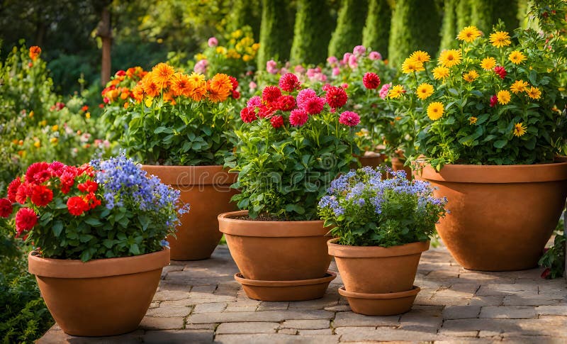 En rad terracotta-blomkrukor som skapar ett urval av färgblommor som fångas med ett ytdjup som inte är lika stort stock illustrationer