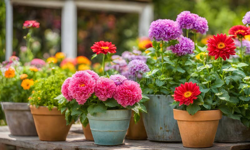 En rad terracotta-blomkrukor som skapar ett urval av färgblommor som fångas med ett ytdjup som inte är lika stort royaltyfri illustrationer
