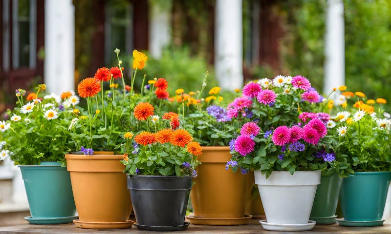 En rad terracotta-blomkrukor som skapar ett urval av färgblommor som fångas med ett ytdjup som inte är lika stort royaltyfri illustrationer