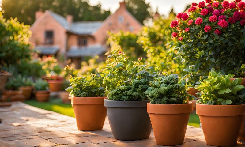 En rad terracotta-blomkrukor som skapar ett urval av färgblommor som fångas med ett ytdjup som inte är lika stort royaltyfri illustrationer