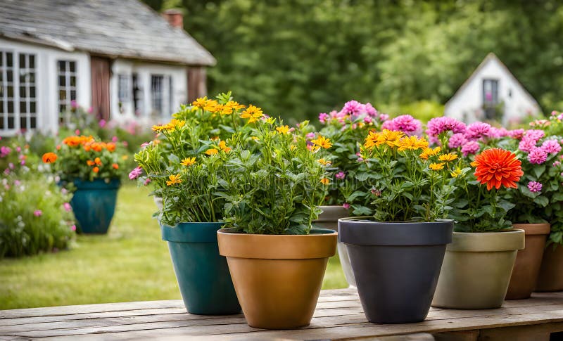 En rad terracotta-blomkrukor som skapar ett urval av färgblommor som fångas med ett ytdjup som inte är lika stort stock illustrationer