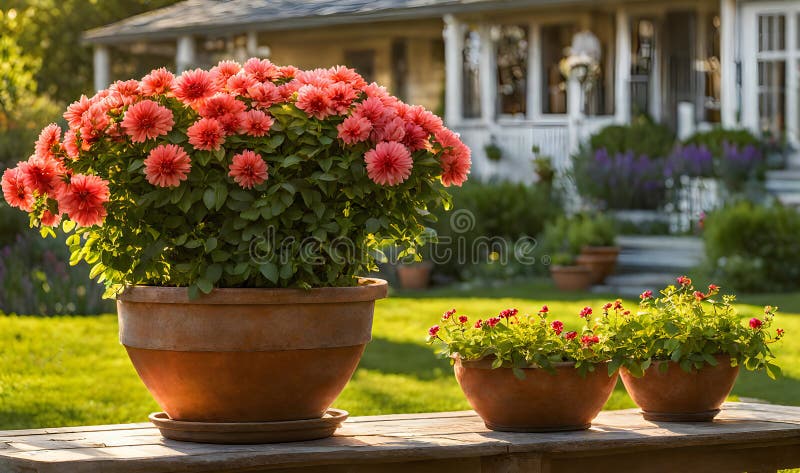 En rad terracotta-blomkrukor som skapar ett urval av färgblommor som fångas med ett ytdjup som inte är lika stort vektor illustrationer